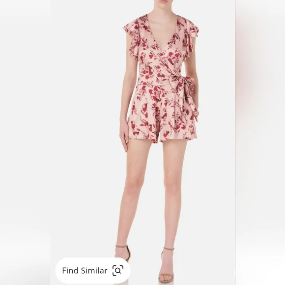 ML Monique Lhuillier Flutter Sleeve Pink And Rose Faux Wrap Floral Romper Sz 6 - Picture 1 of 8